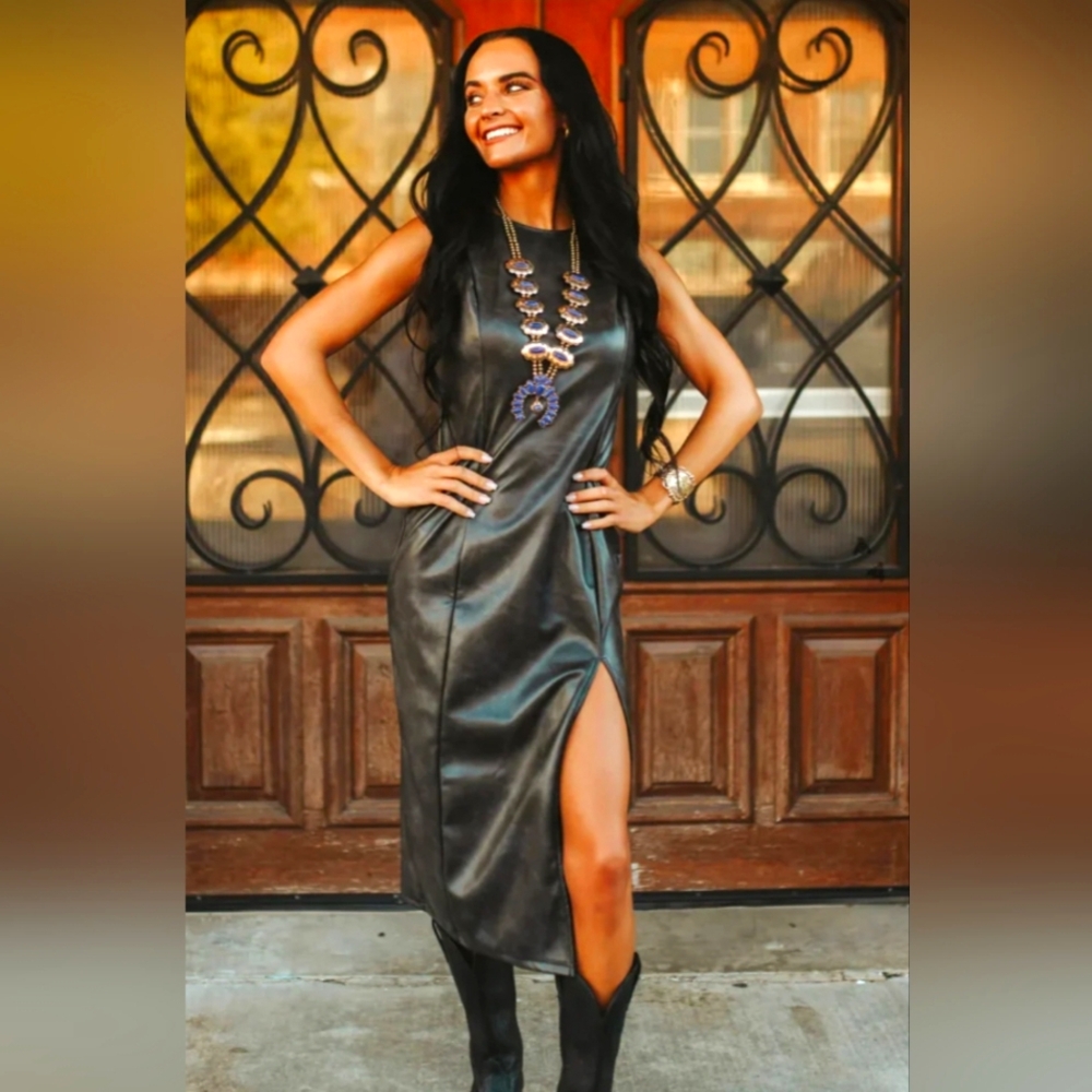 Black Faux Leather Dress with Side Slit
